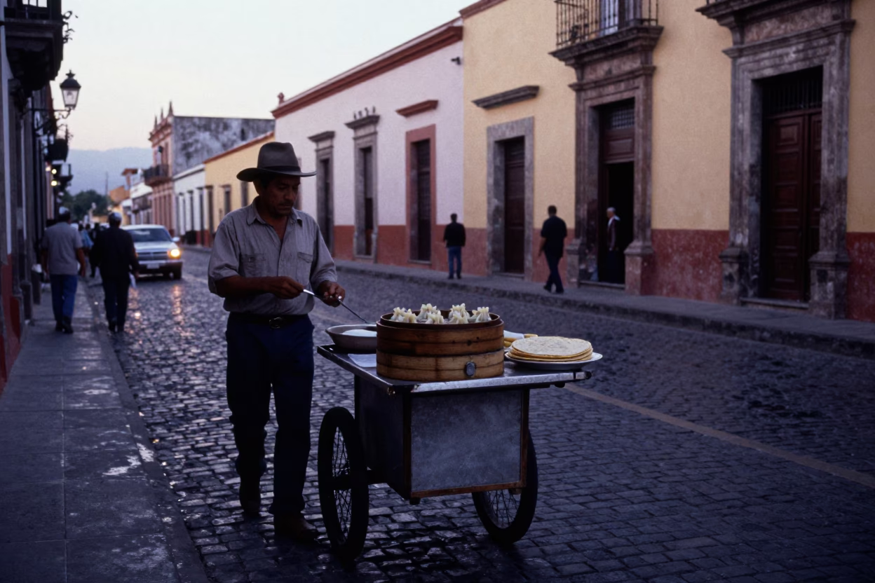 Early Morning Oaxaca Street Scene with Vintage 1950s Color Aesthetic in in Oaxaca, Mexico
