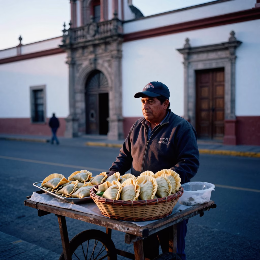 Early Morning Oaxaca Street Vendor Selling Fresh Tamales and Corn Basket in in Oaxaca, Mexico