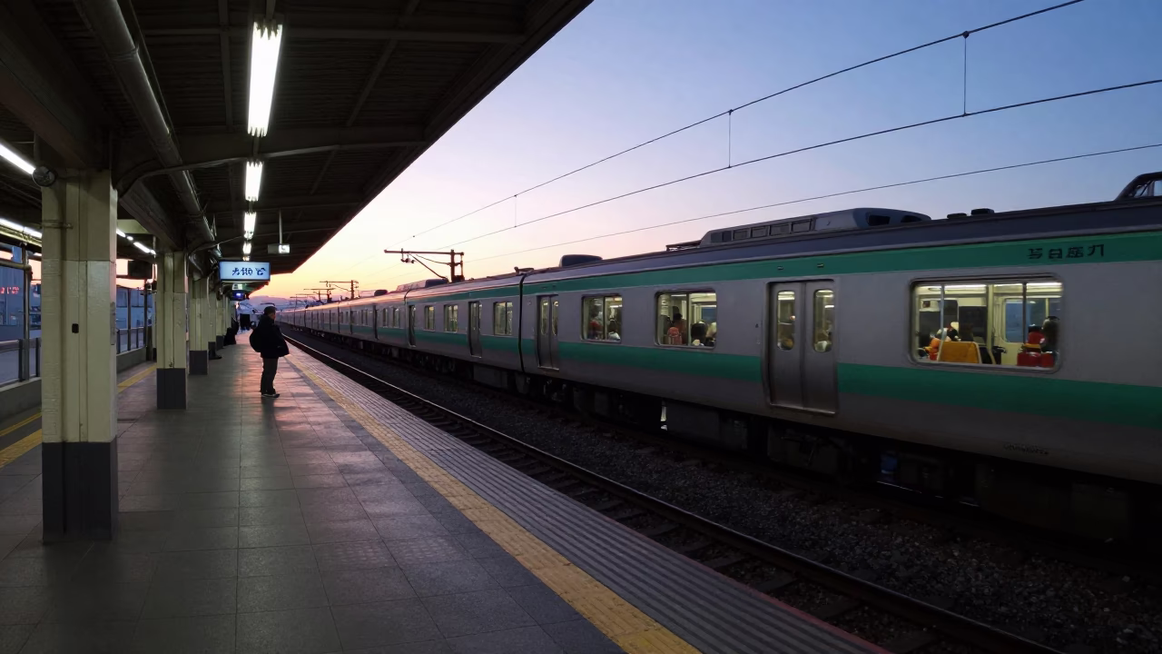 Early Morning Osaka Commuter Train Platform with Pre-Dawn Light and Waiting Passengers in in Osaka, Japan