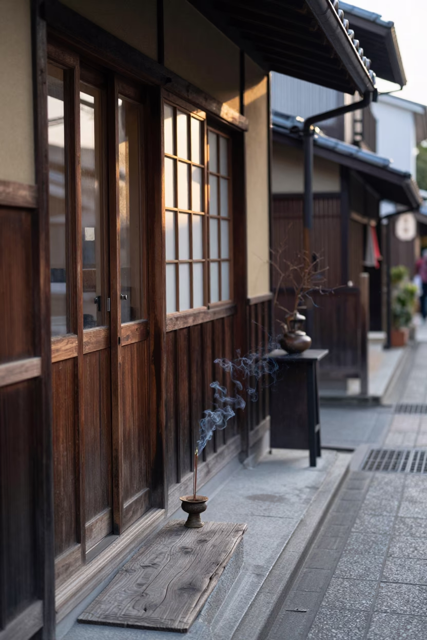 Early Morning Osaka Japan Street Scene with Incense Holder and Latch Details in in Osaka, Japan