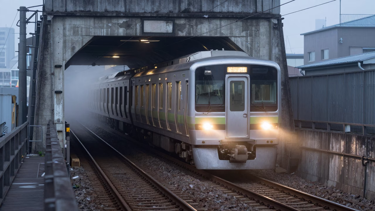 Early Morning Osaka Metro Train Emerging from Tunnel into Daylight with Peeling Turquoise Paint in in Osaka, Japan