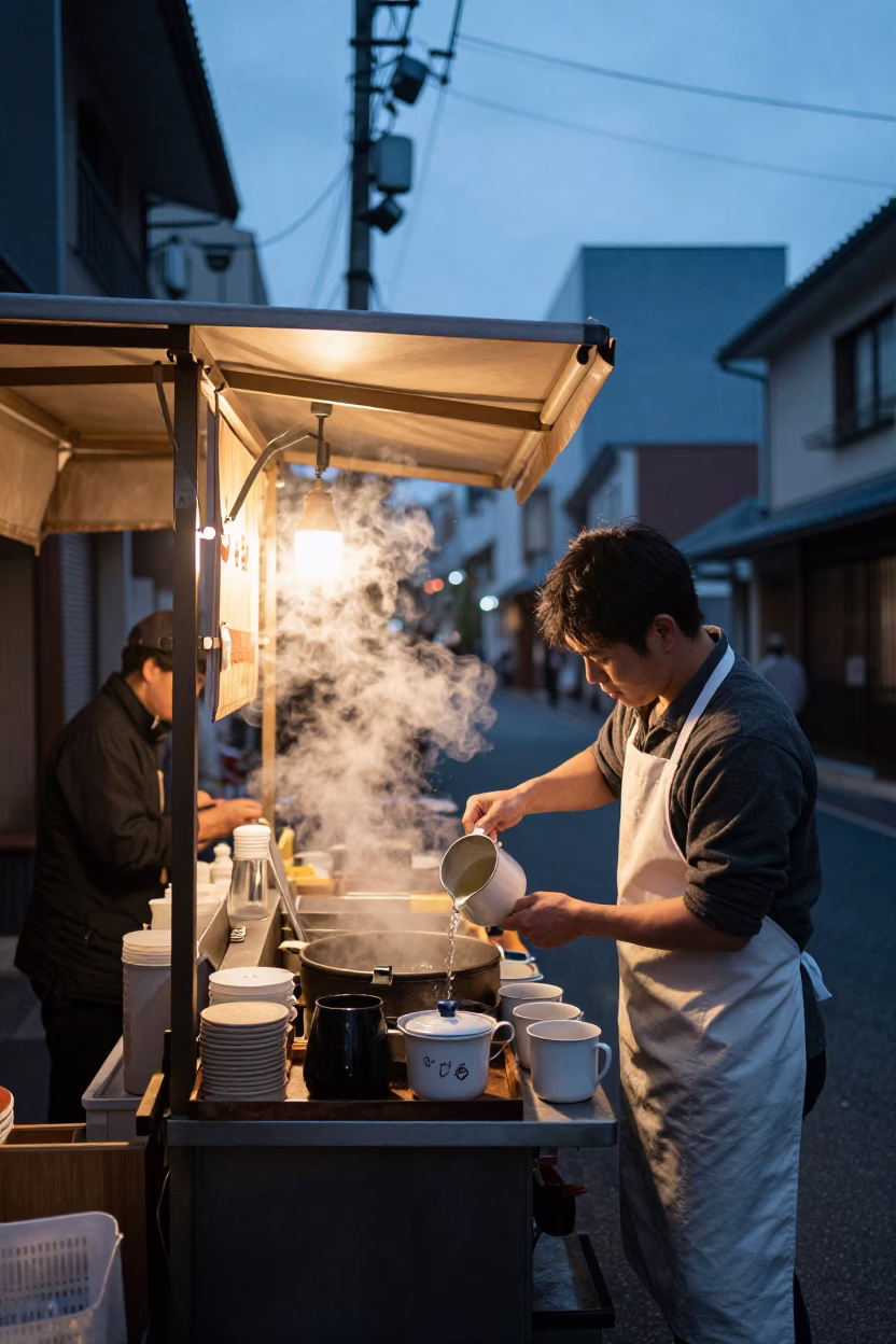 Early Morning Osaka Street Food Stall with Steaming Sencha and Local Customer in in Osaka, Japan