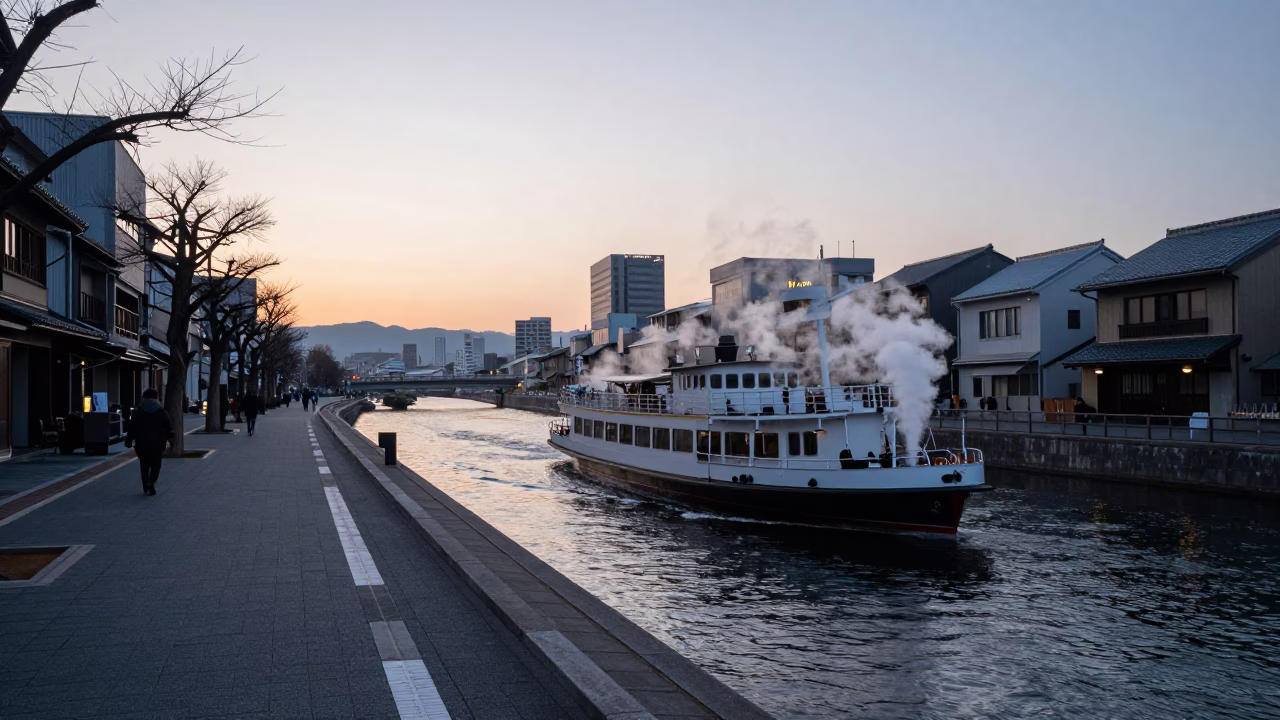 Early Morning Osaka Street Scene Before Sunrise with Steamboat and River Bridge in in Osaka, Japan