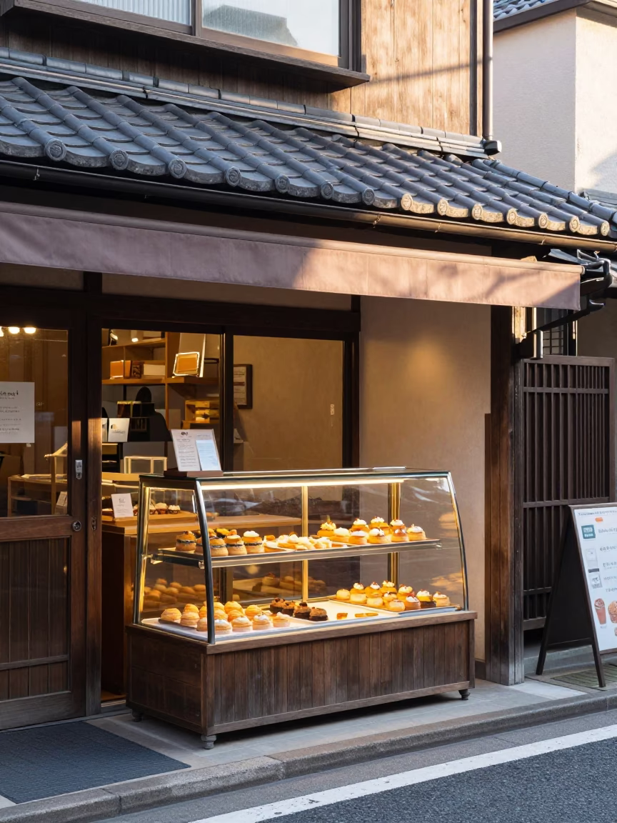 Early Morning Osaka Street Scene with Bakery Display and Morning Light in in Osaka, Japan