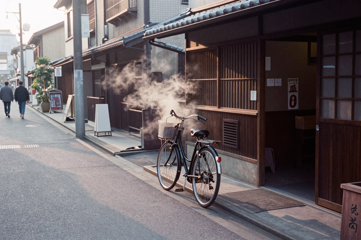 Early Morning Osaka Street Scene with Bicycle and Local Bakery Shop Front in in Osaka, Japan