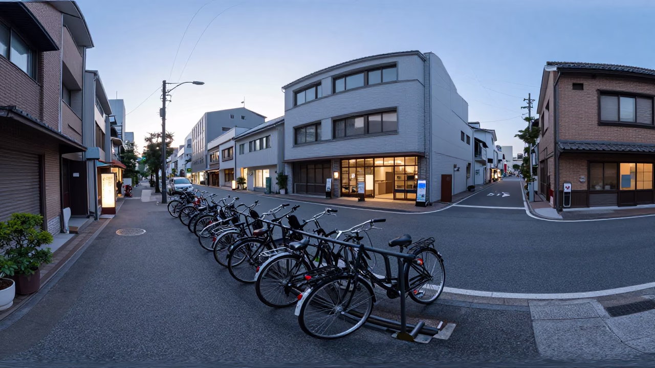 Early Morning Osaka Street Scene with Bicycle Rack and Mailbox Before Sunrise in in Osaka, Japan