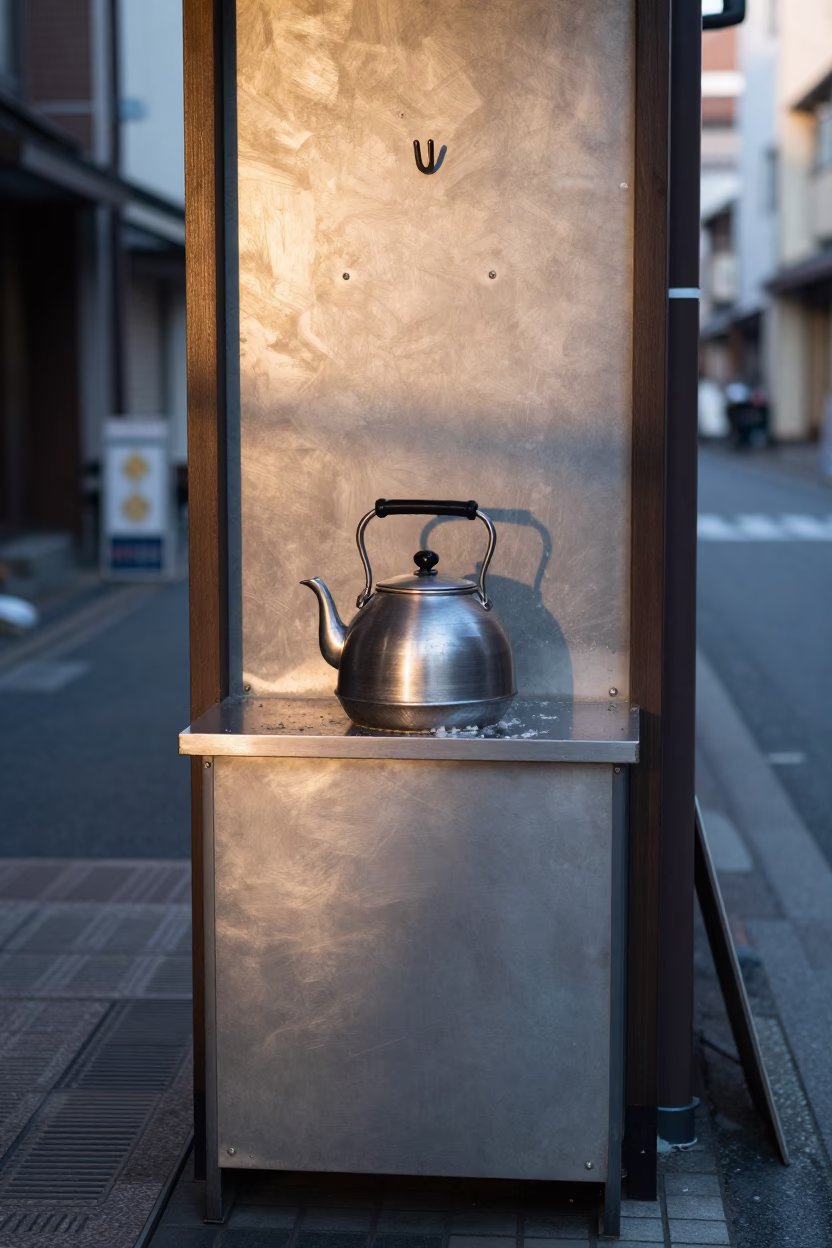 Early Morning Osaka Street Scene with Brushed Steel Kettle and Lived-In Urban Details in in Osaka, Japan