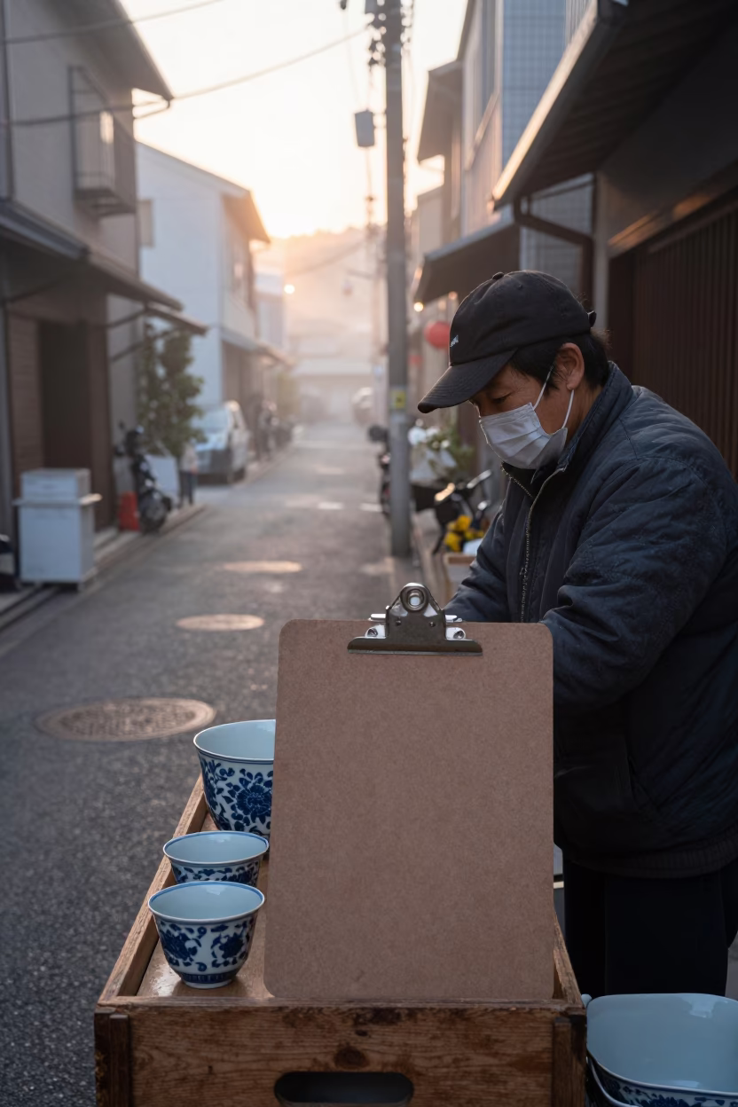 Early Morning Osaka Street Scene with Clipboard and Porcelain Jars in in Osaka, Japan