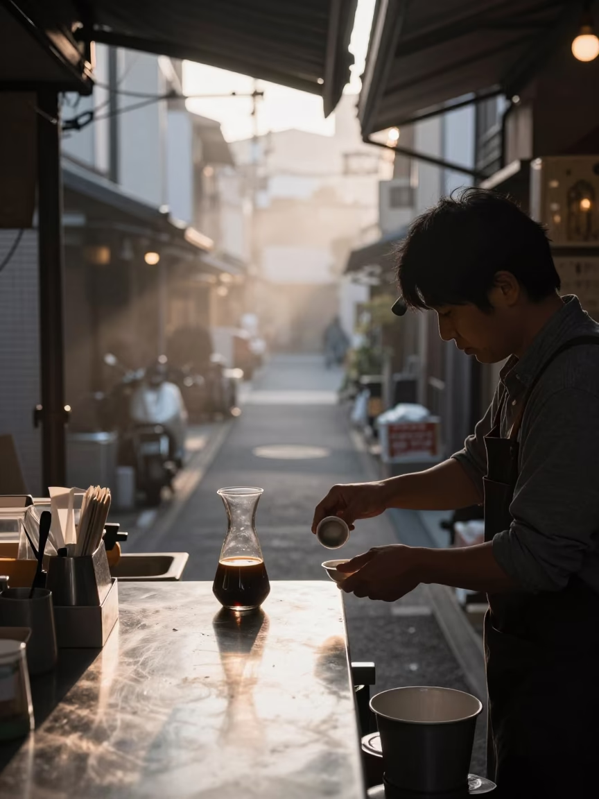 Early Morning Osaka Street Scene with Coffee Carafe and Rain-Slicked Pavement in in Osaka, Japan