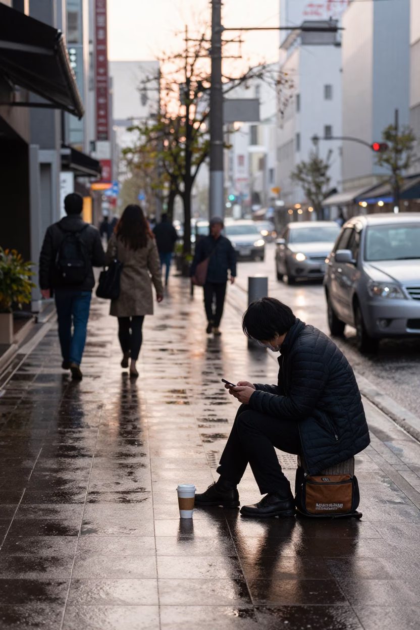 Early Morning Osaka Street Scene with Coffee Cup and Urban Morning Light in in Osaka, Japan