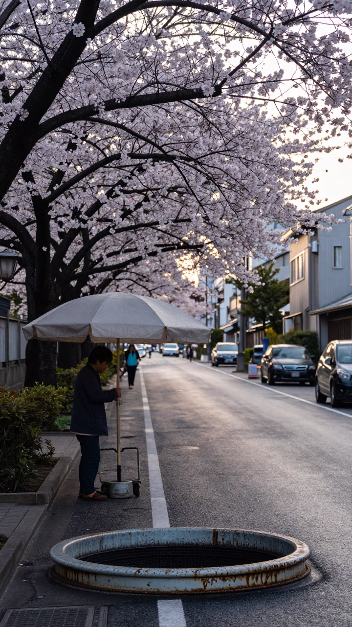 Early Morning Osaka Street Scene with Dented Metal Rim and Umbrella Stand in in Osaka, Japan