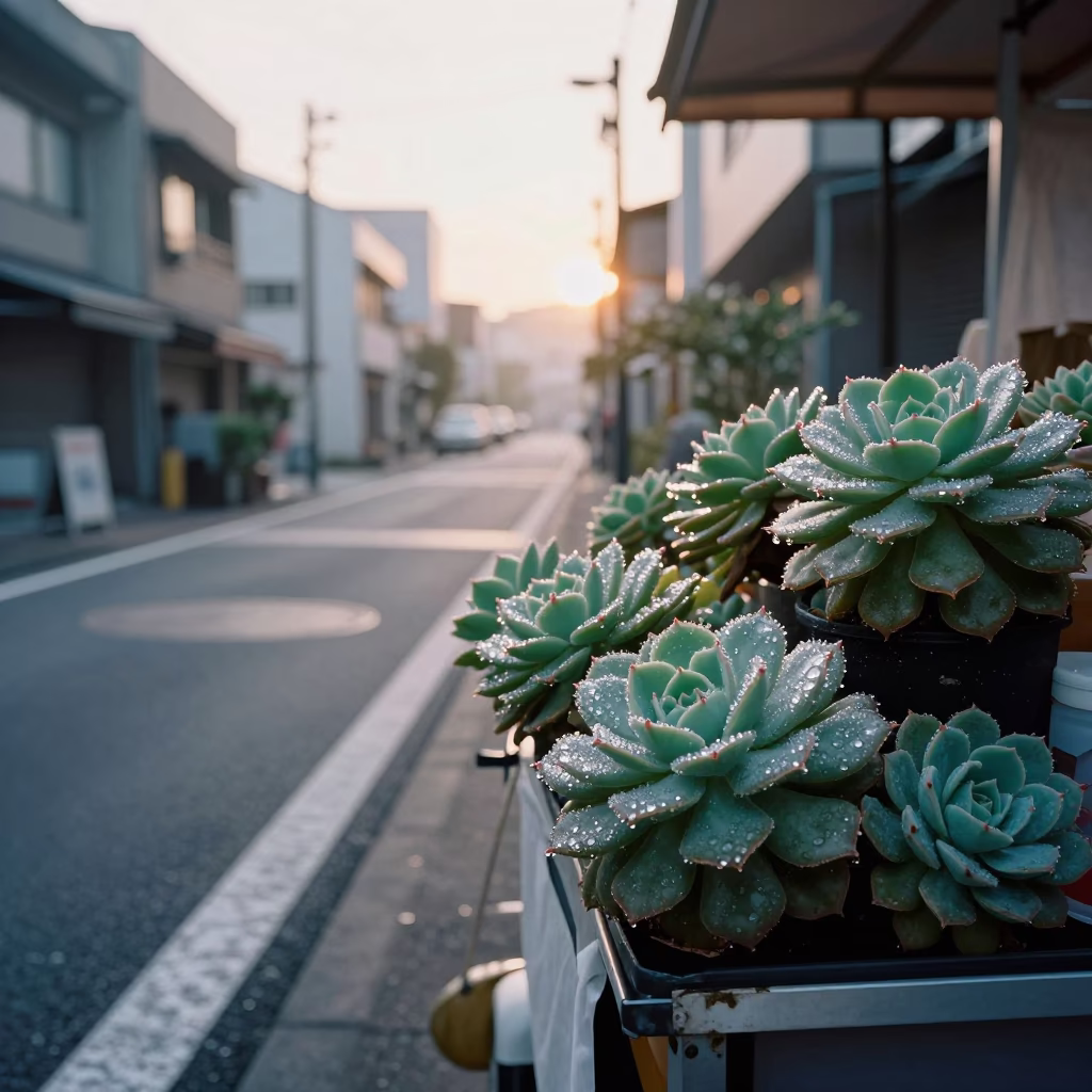 Early Morning Osaka Street Scene with Dewy Succulents and Local Breakfast Items in in Osaka, Japan