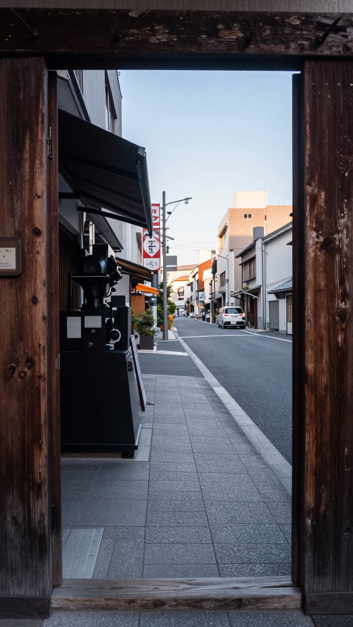 Early Morning Osaka Street Scene with Doorframe and Mechanical Pencil in in Osaka, Japan