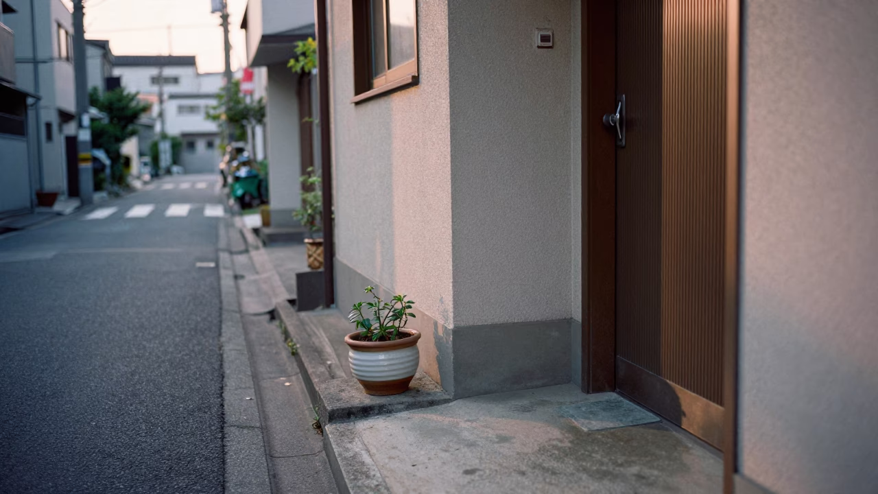 Early Morning Osaka Street Scene with Flowerpot and Local Morning Routine in in Osaka, Japan
