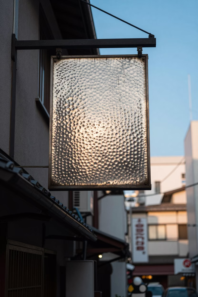 Early Morning Osaka Street Scene with Hammered Metal Signage and Local Commerce in in Osaka, Japan