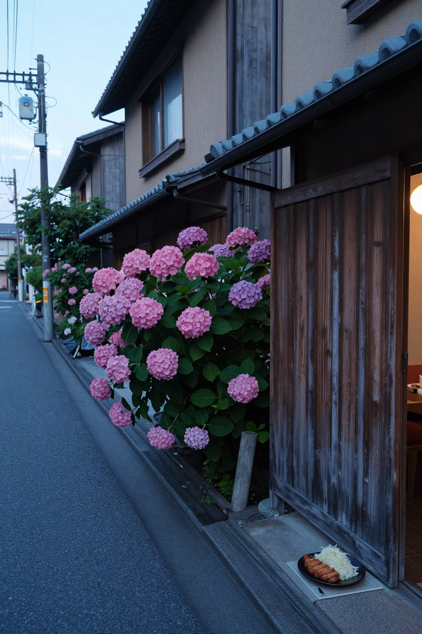 Early Morning Osaka Street Scene with Hydrangea Bush and Tonkatsu Shop Display in in Osaka, Japan