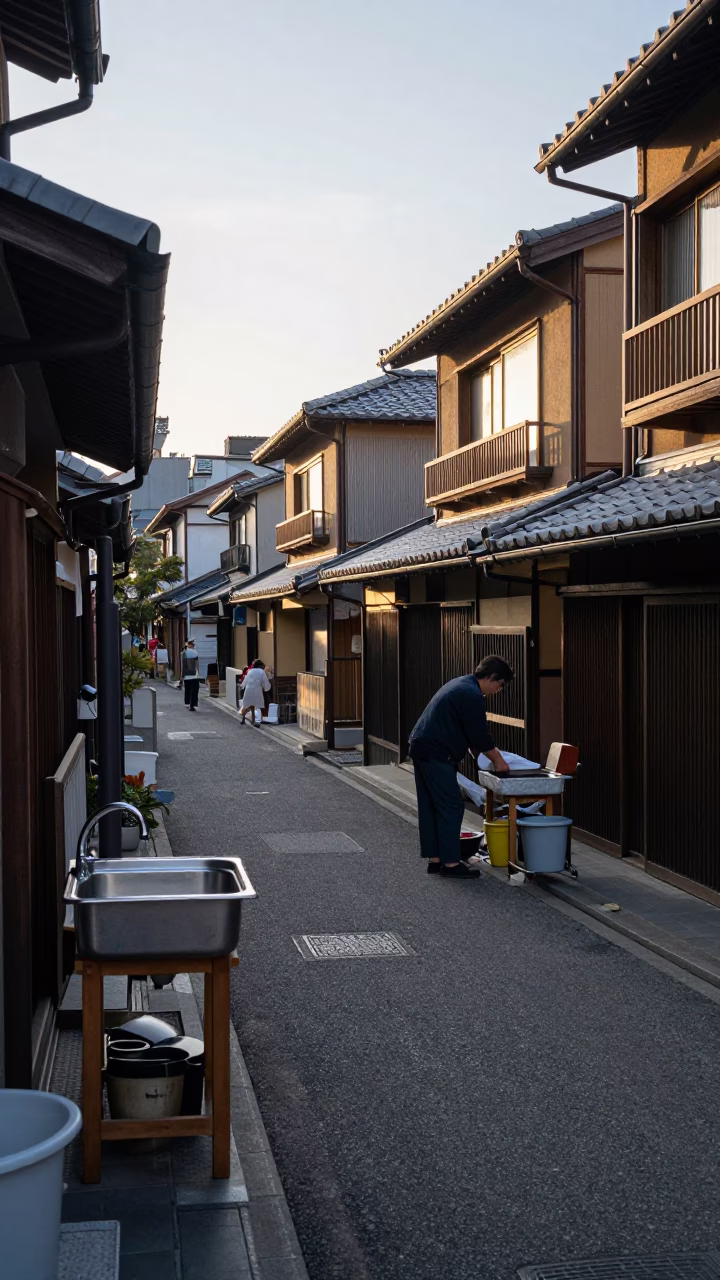 Early Morning Osaka Street Scene with Kitchen Utensil and Wash Basin Elements in in Osaka, Japan