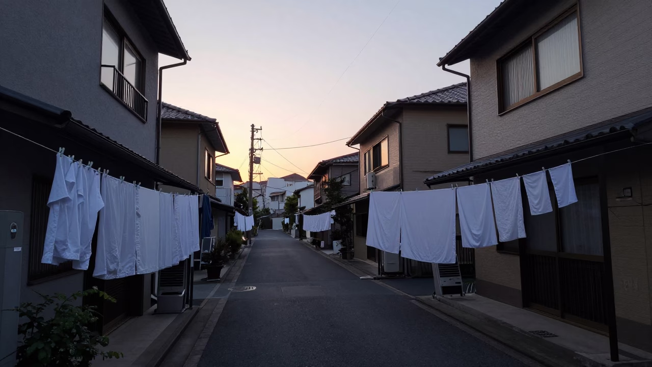 Early Morning Osaka Street Scene with Laundry and Urban Details in in Osaka, Japan