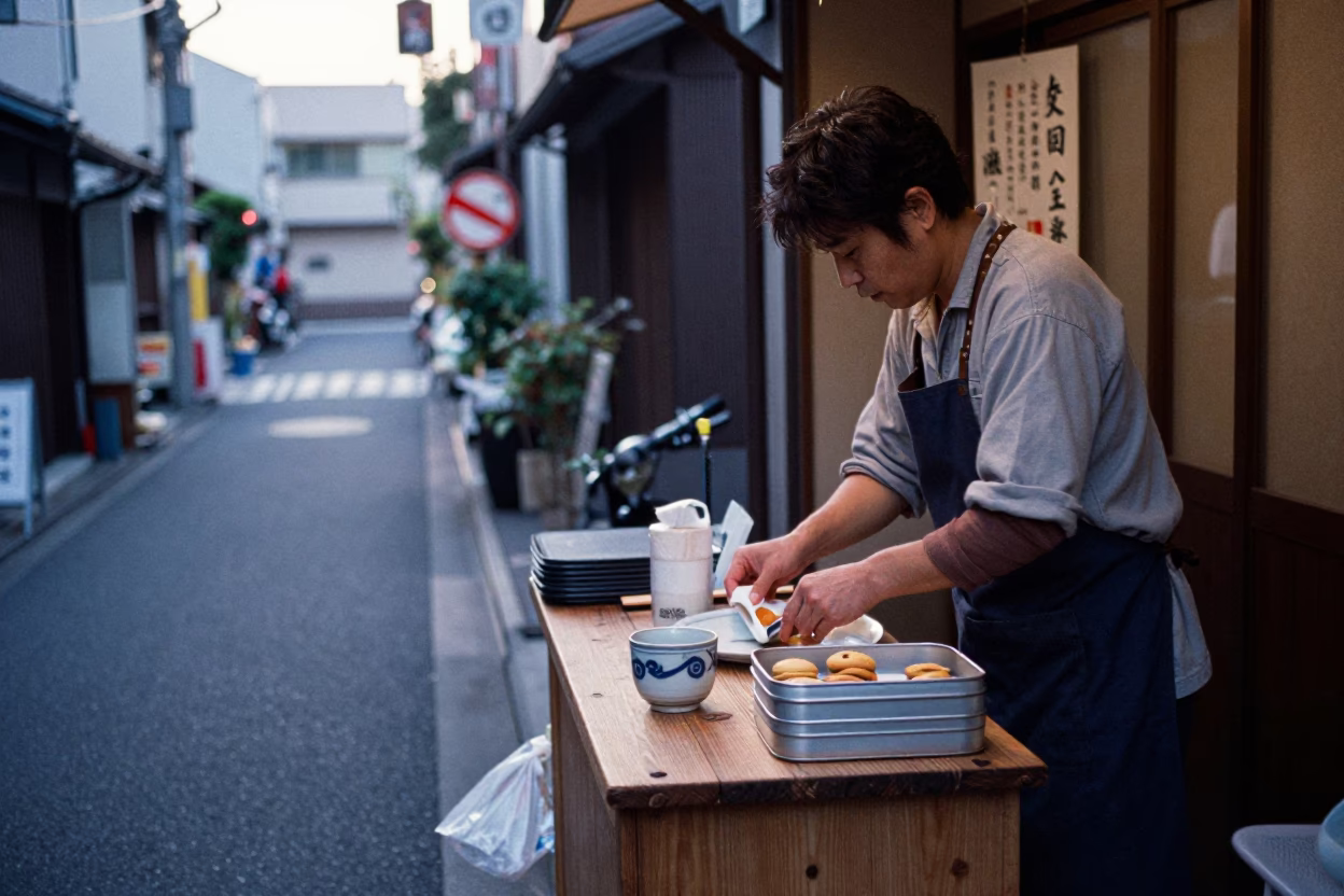 Early Morning Osaka Street Scene with Local Breakfast Items and Traditional Architecture in in Osaka, Japan