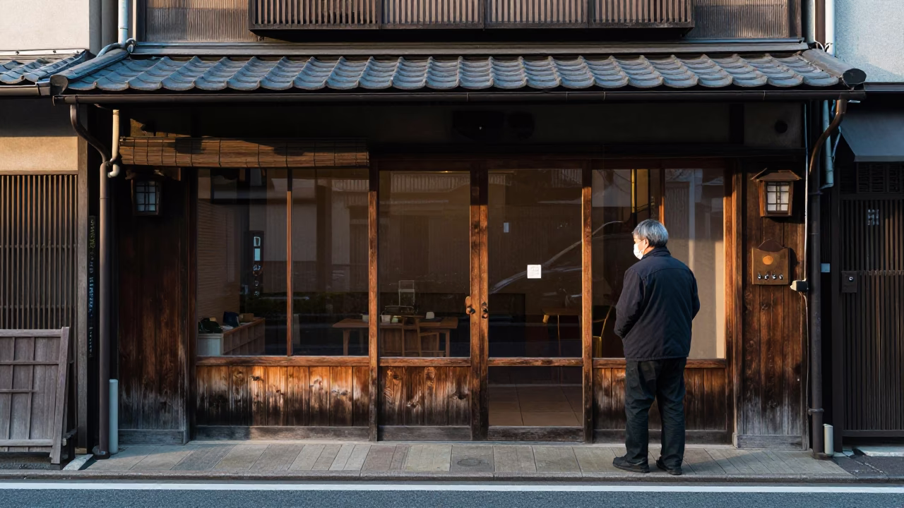 Early Morning Osaka Street Scene with Local Shopkeeper and Traditional Storefront Details in in Osaka, Japan