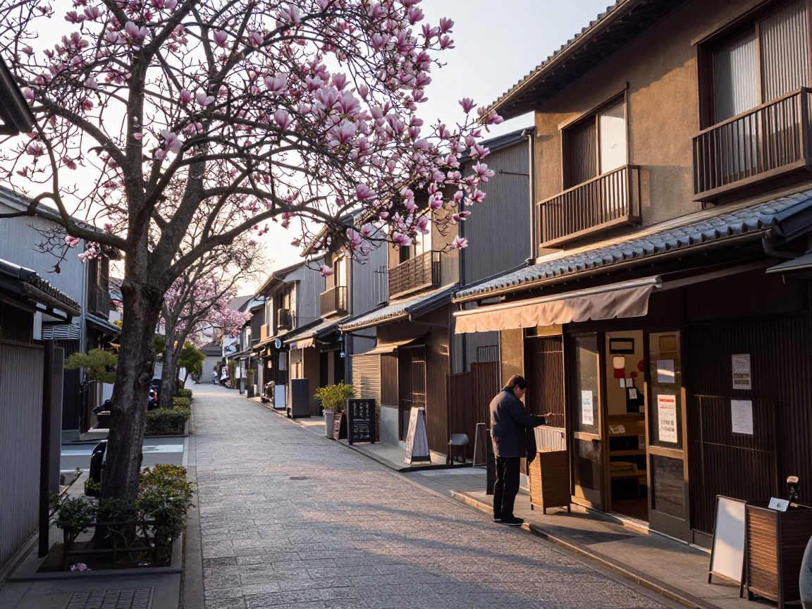 Early Morning Osaka Street Scene with Magnolia Tree and Traditional Architecture in in Osaka, Japan