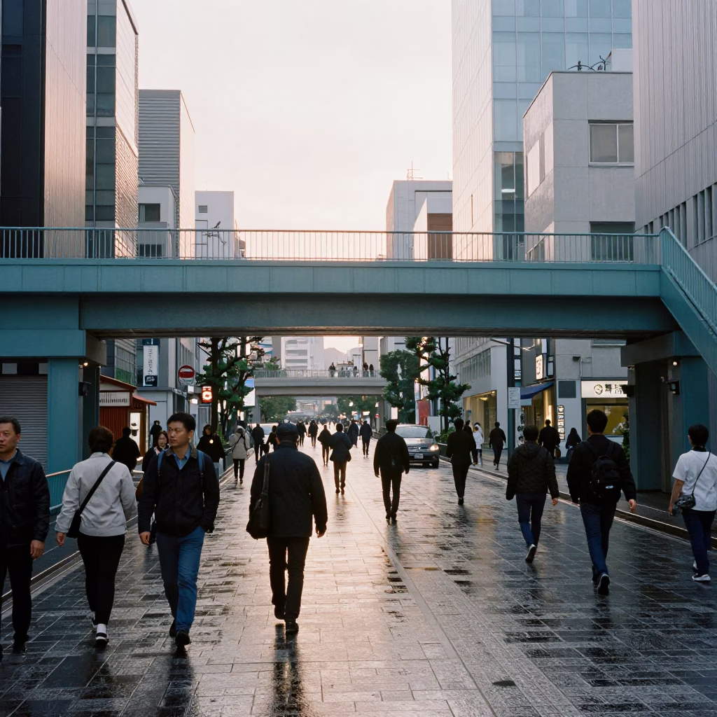 Early Morning Osaka Street Scene with Pedestrian Overpass and Wet Flagstones in in Osaka, Japan