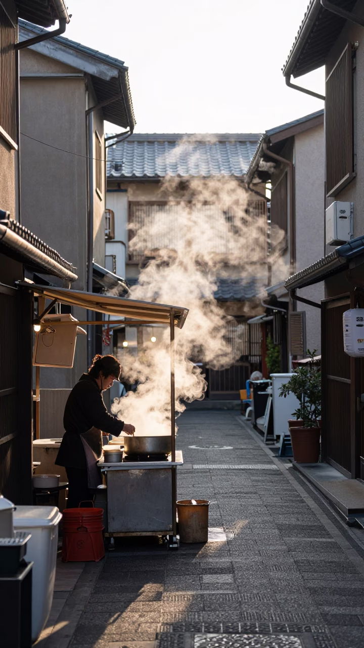 Early Morning Osaka Street Scene with Steam and Traditional Architecture in in Osaka, Japan