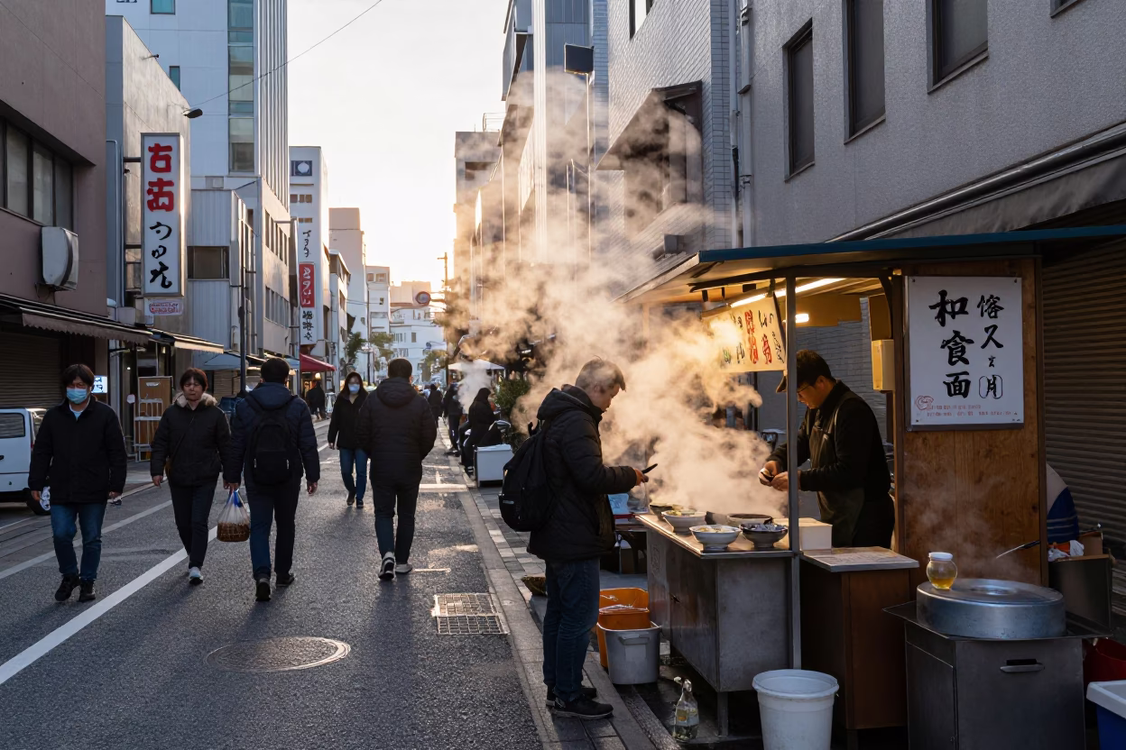 Early Morning Osaka Street Scene with Steam and Urban Activity in in Osaka, Japan