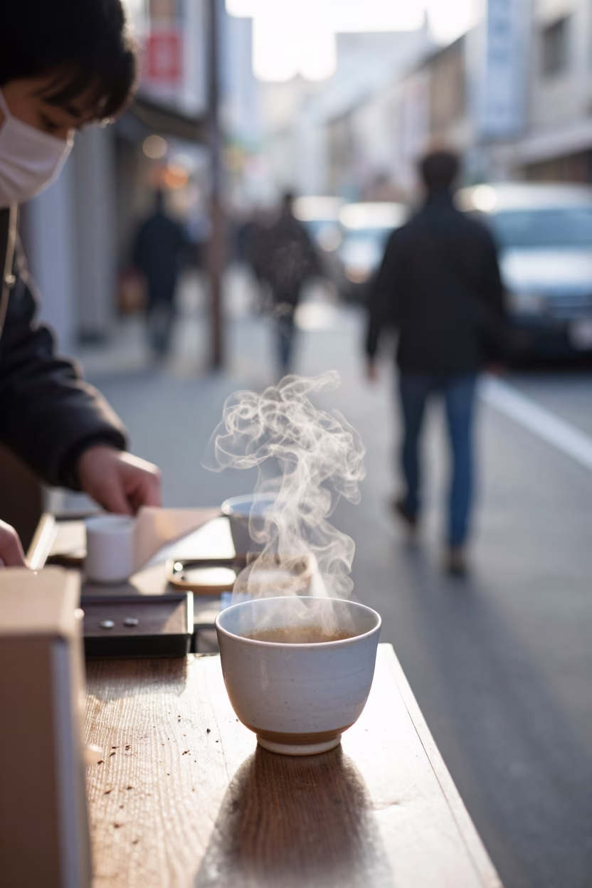 Early Morning Osaka Street Scene with Steaming Genmaicha Tea and Wicker Basket in in Osaka, Japan