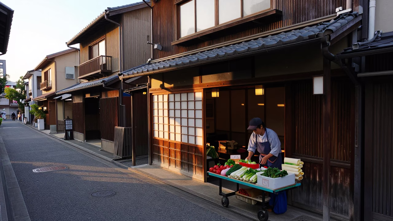 Early Morning Osaka Street Scene with Traditional Shop and Pedestrians in in Osaka, Japan