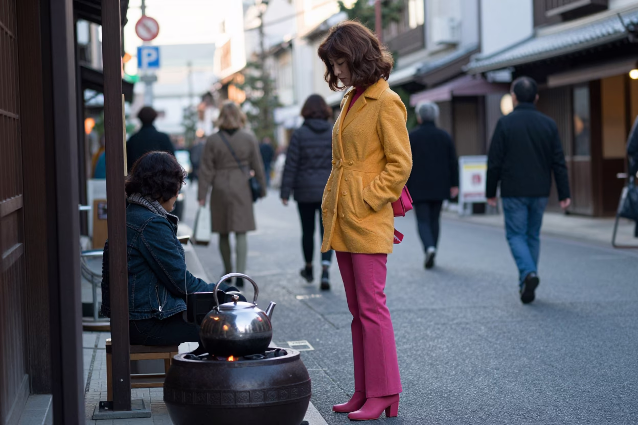 Early Morning Osaka Street Scene with Vintage 1970s Fashion and Kettle in in Osaka, Japan
