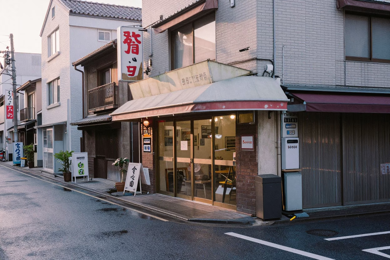 Early Morning Osaka Street Scene with Vintage 1990s Aesthetic and Local Market Details in in Osaka, Japan
