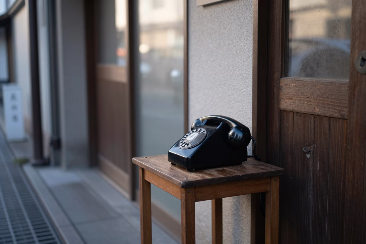Early Morning Osaka Street Scene with Vintage Bakelite Telephone and Cushions in in Osaka, Japan