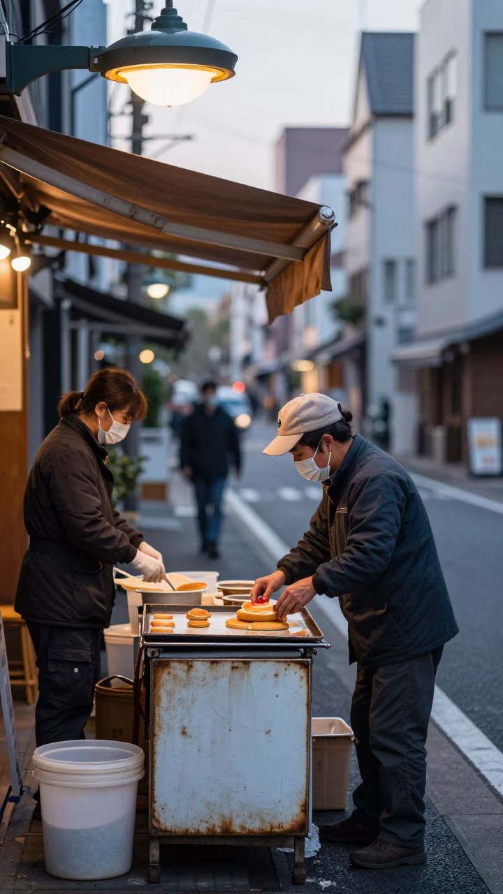 Early Morning Osaka Street Scene with Vintage Baking Sheet and Local Breakfast in in Osaka, Japan
