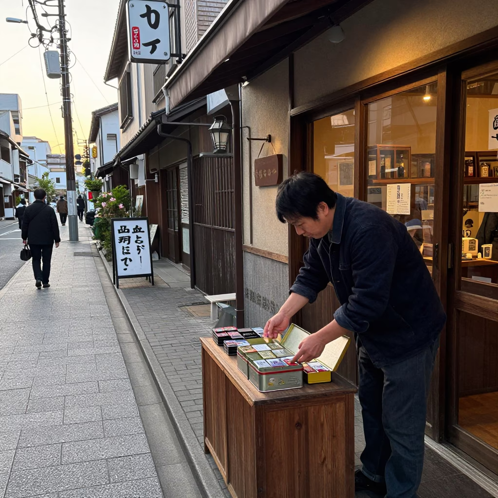 Early Morning Osaka Street Scene with Vintage Shop Display and Local Pedestrians in in Osaka, Japan