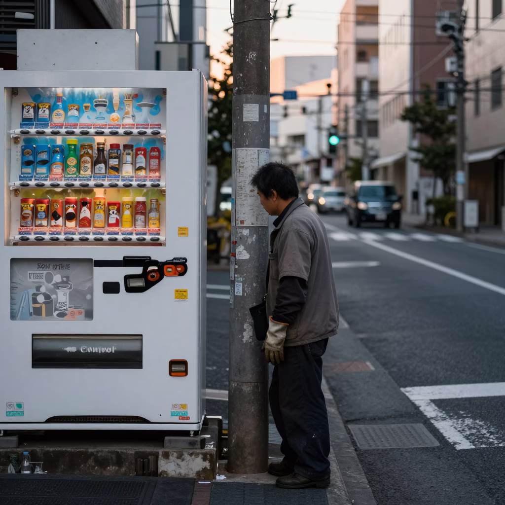 Early Morning Osaka Street Scene with Worker and Urban Details in in Osaka, Japan