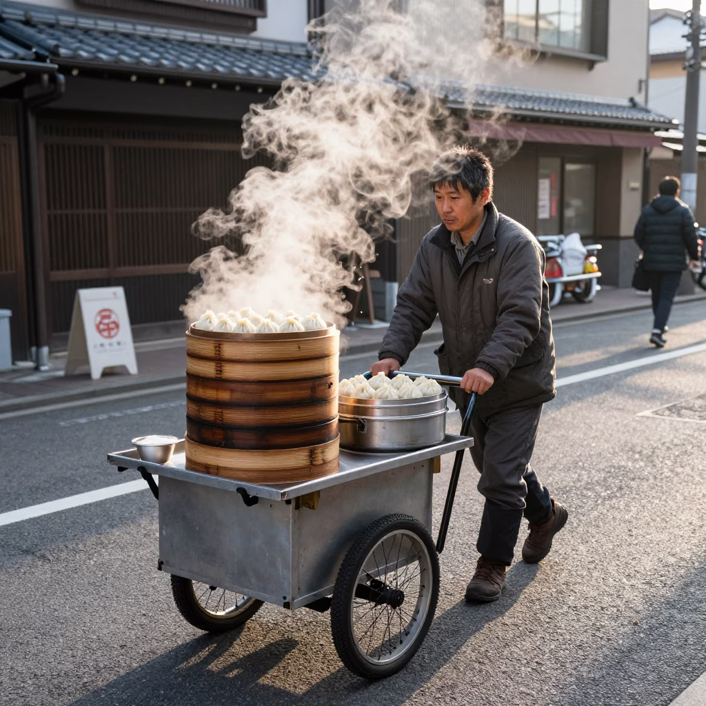 Early Morning Osaka Street Vendor Rolling Carts and Fresh Dim Sum Bamboo Steamers in in Osaka, Japan