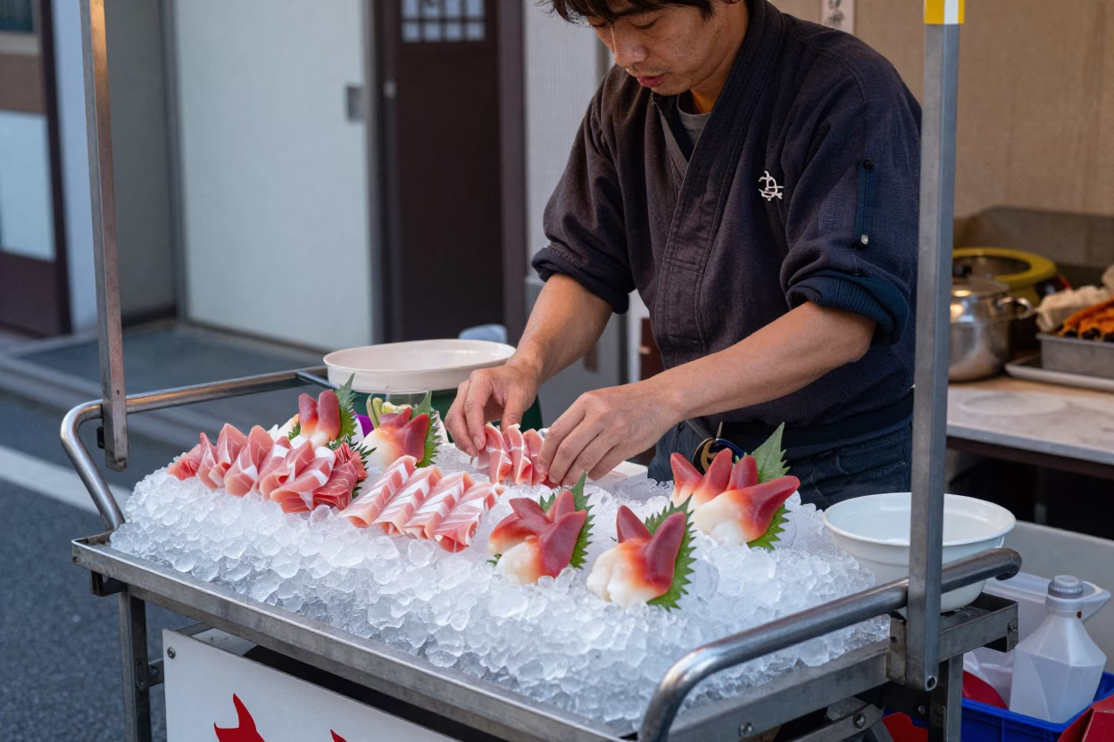 Early Morning Osaka Street Vendor Selling Fresh Sashimi on Ice in Japan in in Osaka, Japan