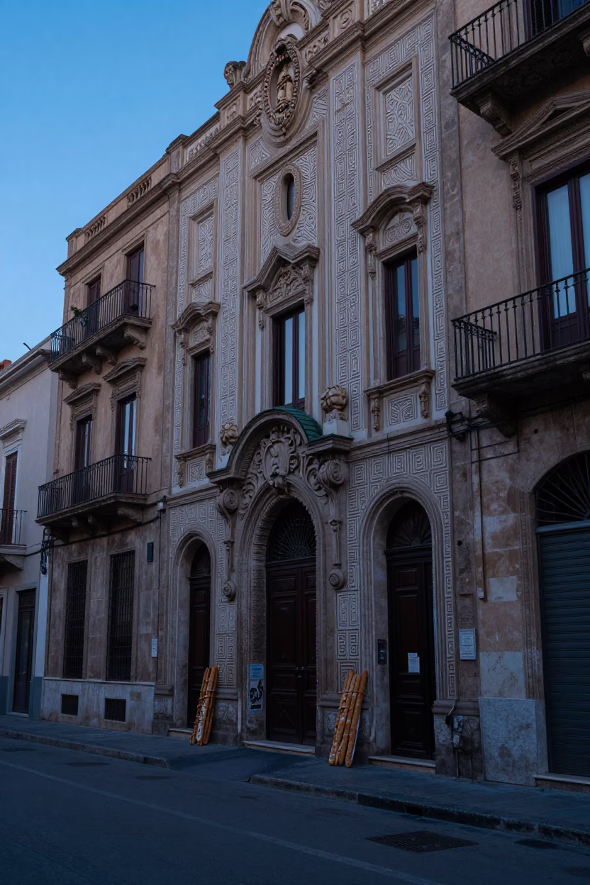 Early Morning Palermo Street Scene with Baguettes and Art Deco Facade Before Dawn in in Palermo, Italy