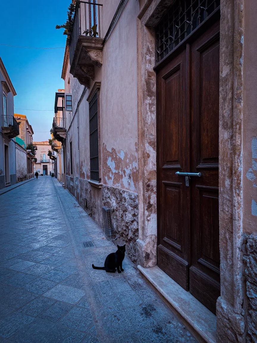 Early Morning Palermo Street Scene with Black Cat and Brickwork Before Sunrise in in Palermo, Italy