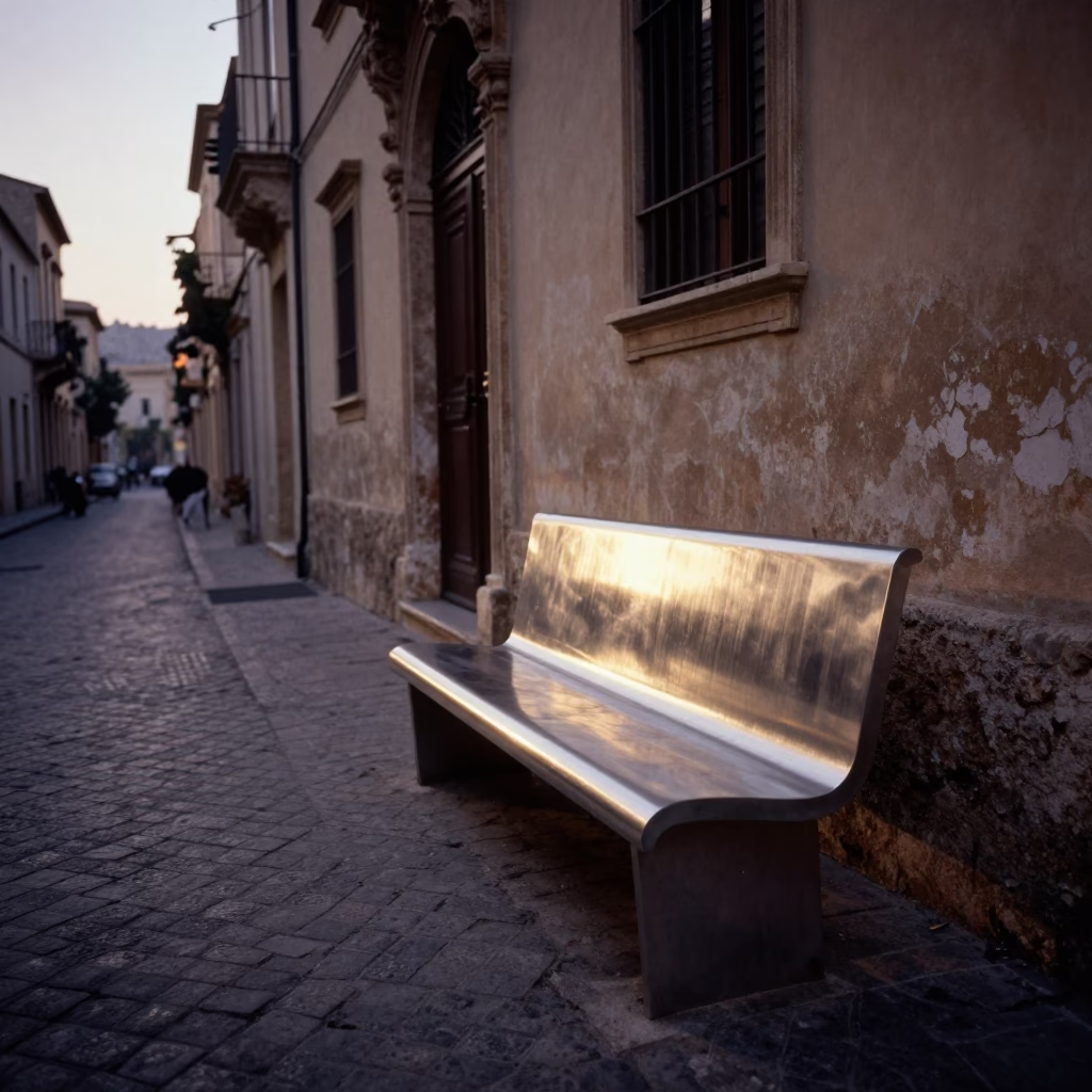 Early Morning Palermo Street Scene with Brushed Steel Bench and Glass Tumbler in in Palermo, Italy
