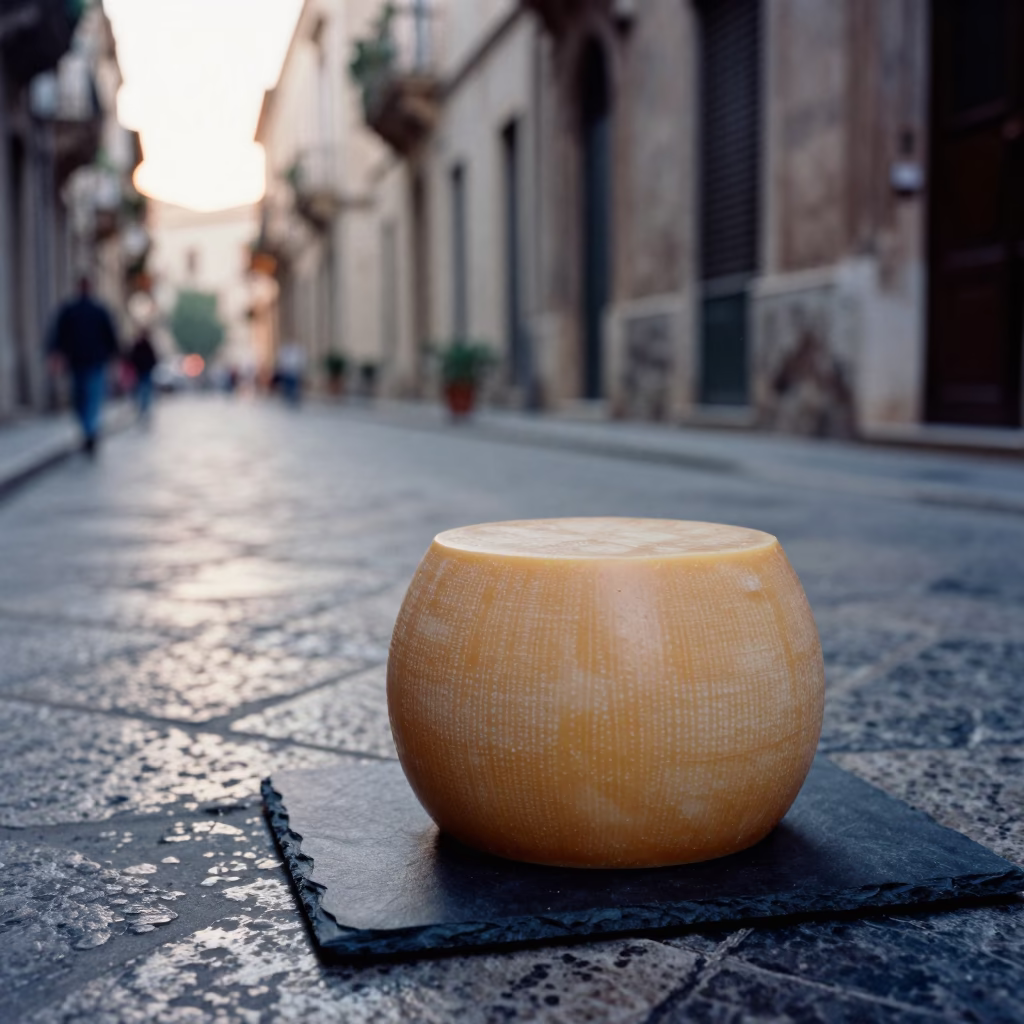 Early Morning Palermo Street Scene with Ceramic Beehive Cheese Dome and Brass Tray in in Palermo, Italy
