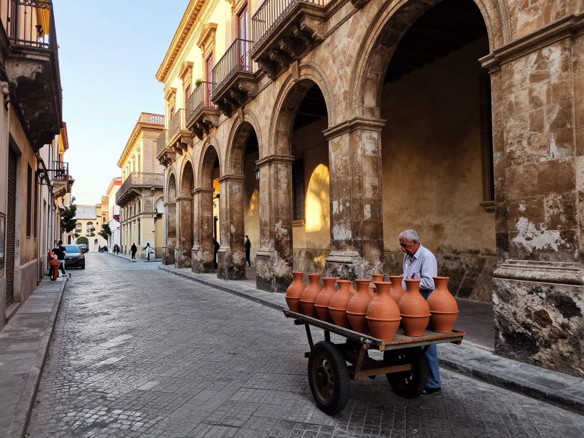 Early Morning Palermo Street Scene with Clay Pots and Brushed Steel Gate Handle in in Palermo, Italy