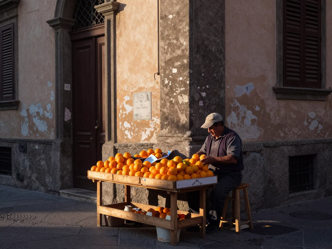 Early Morning Palermo Street Scene with Fresh Oranges and Vintage 1950s Charm in in Palermo, Italy