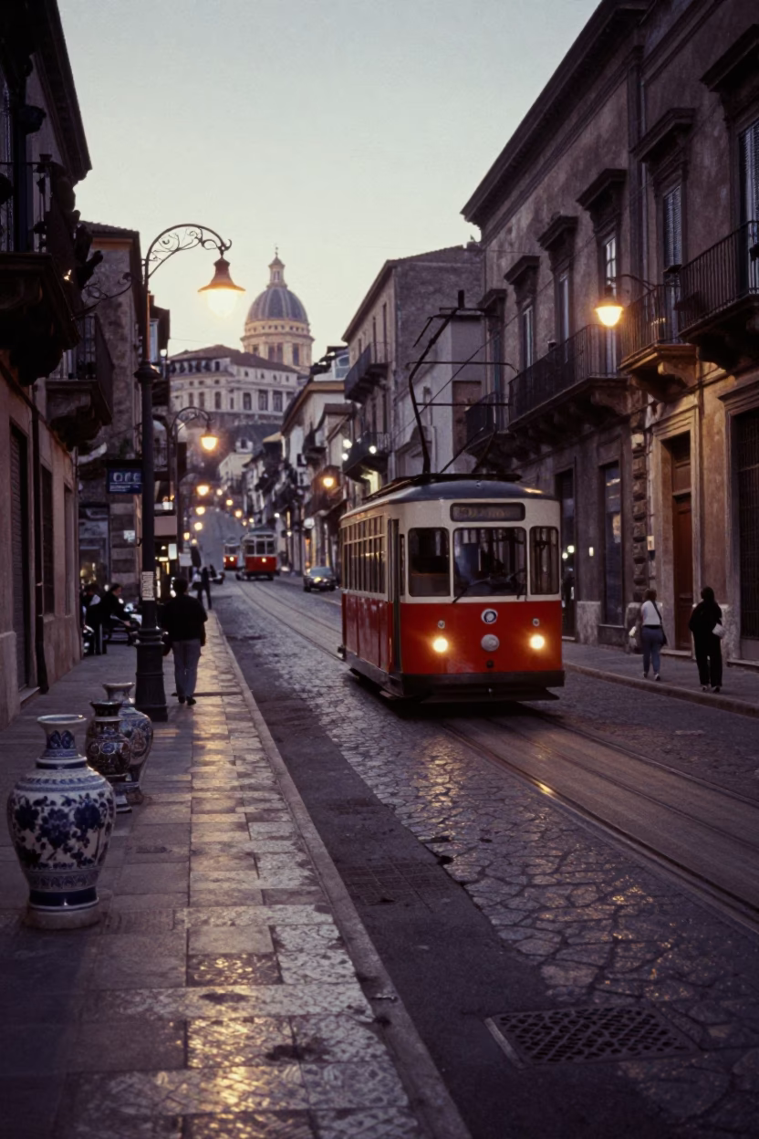 Early Morning Palermo Street Scene with Funicular and Ceramic Tiles in in Palermo, Italy