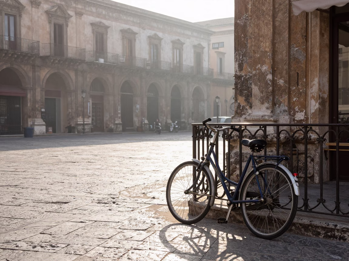 Early Morning Palermo Street Scene with Leaning Bicycle and Cafe in in Palermo, Italy