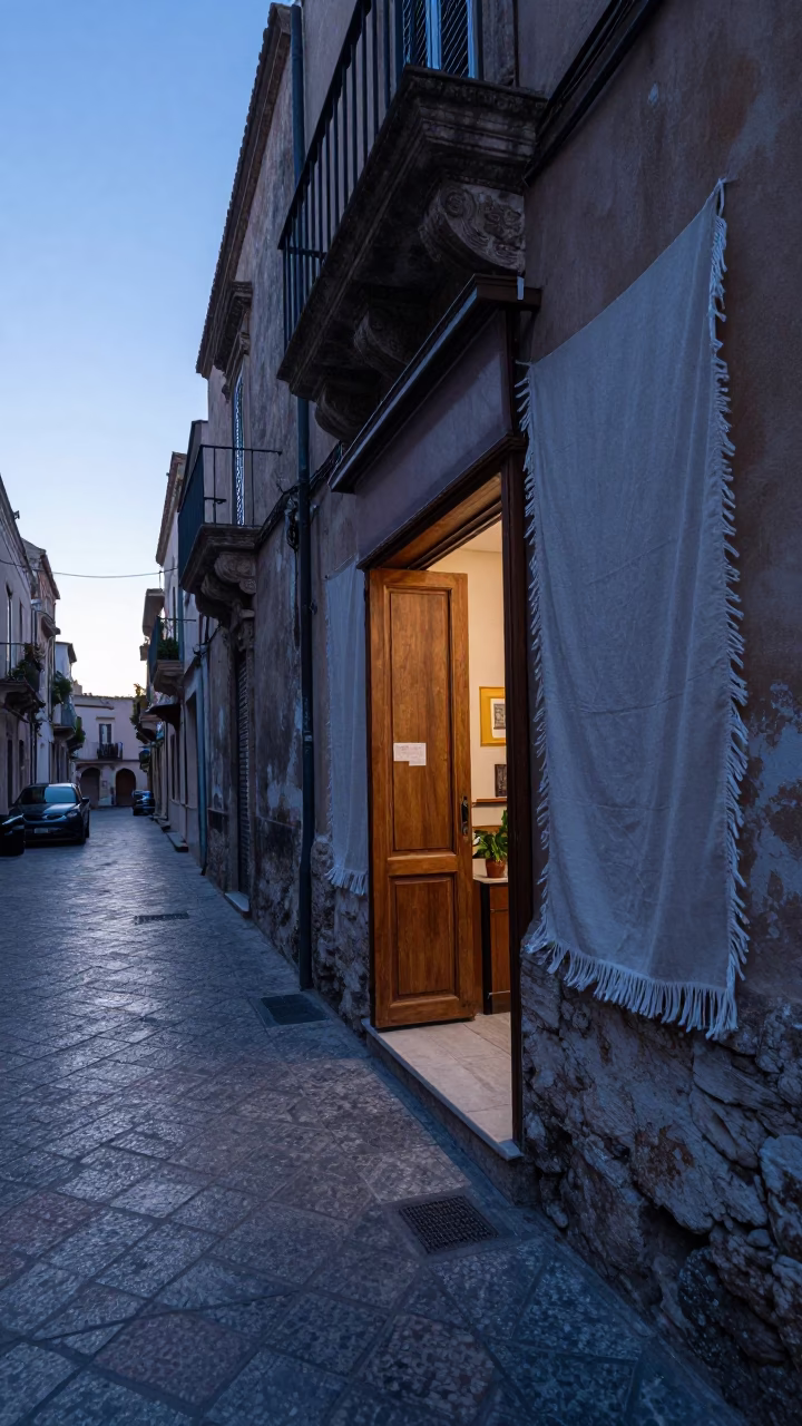 Early Morning Palermo Street Scene with Linen Fringe and Olive Dish in in Palermo, Italy