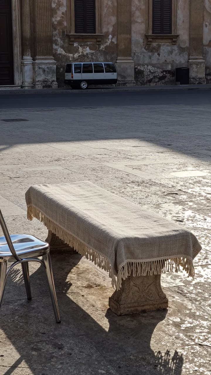 Early Morning Palermo Street Scene with Linen Fringe Bench and Steel Chair in in Palermo, Italy