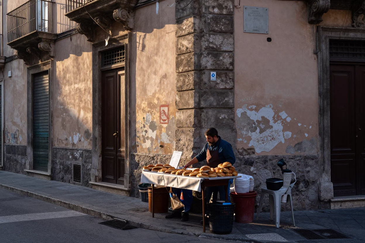 Early Morning Palermo Street Scene with Local Vendor and Traditional Breakfast in in Palermo, Italy