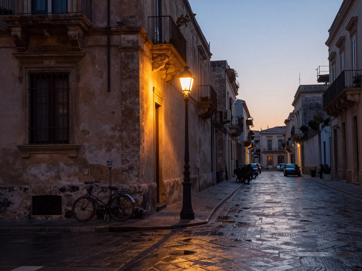 Early Morning Palermo Street Scene with Oil Lamp and Brushed Steel Tabletop in in Palermo, Italy
